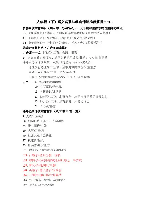 2021年八下名著阅读古诗文诵读推荐篇目
