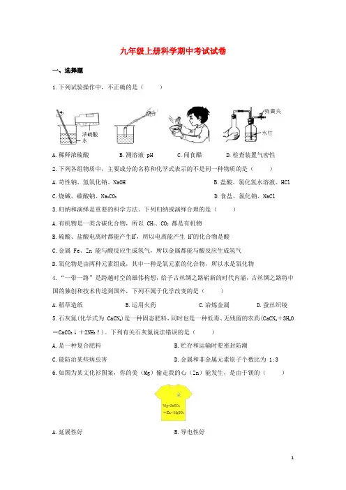 2024_2025学年九年级科学上学期期中检测卷5浙教版