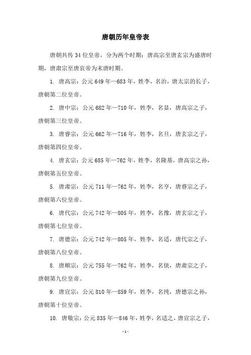 唐朝历年皇帝表