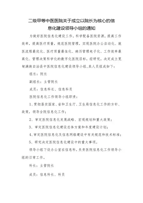 二级甲等中医医院关于成立以院长为核心的信息化建设领导小组的通知