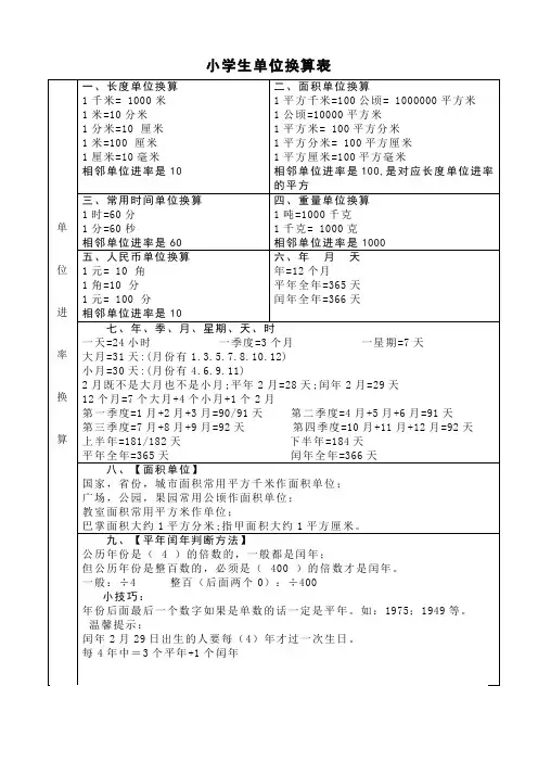 小学生单位换算表