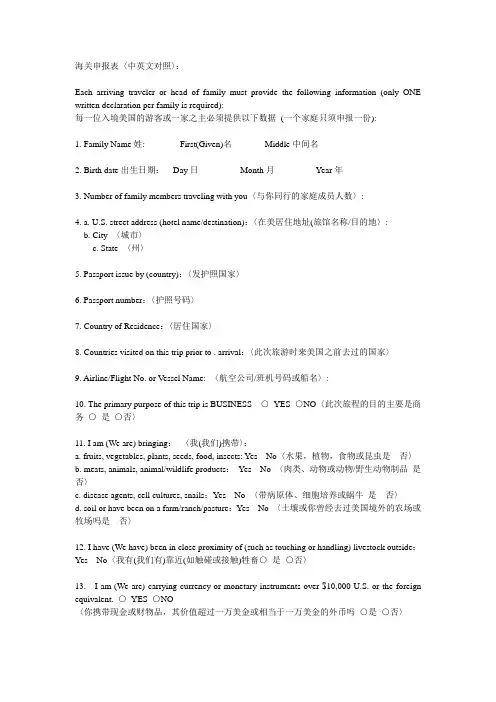 海关申报表中文版