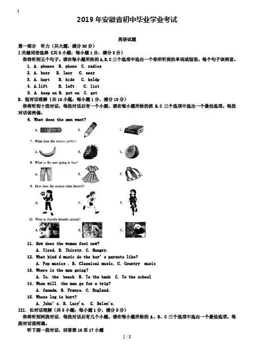 安徽省2019年中考英语试题含答案(word版)