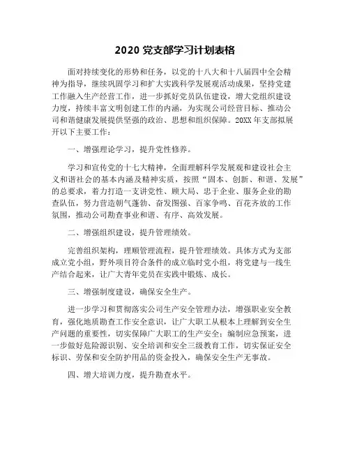 2020党支部学习计划表格