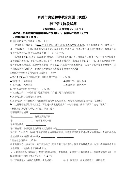 江苏省泰州市泰兴市实验初中教育集团2022-2023学年九年级下学期月考语文试题