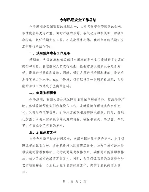 今年汛期安全工作总结