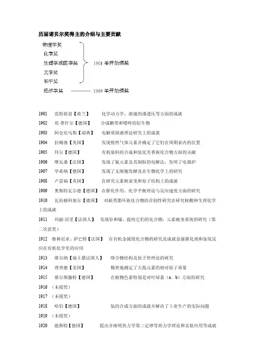 历届诺贝尔奖得主的介绍与主要贡献