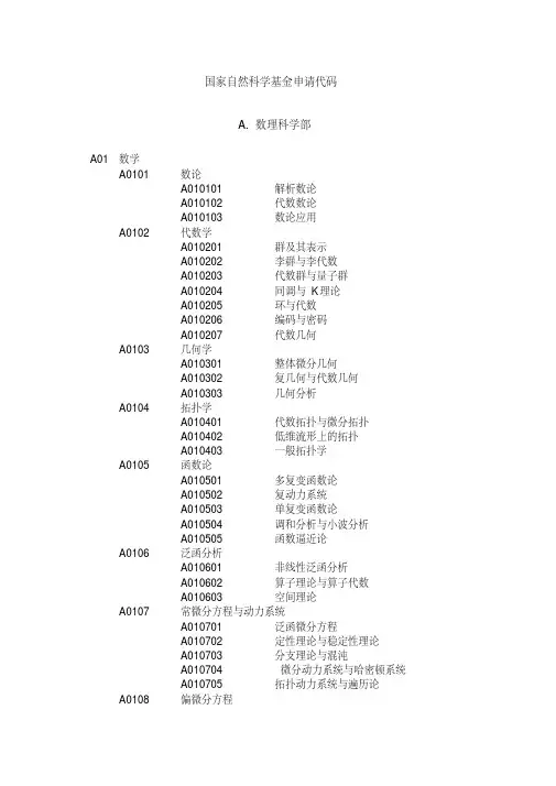 国家自然科学基金申请代码（A.数理科学部）
