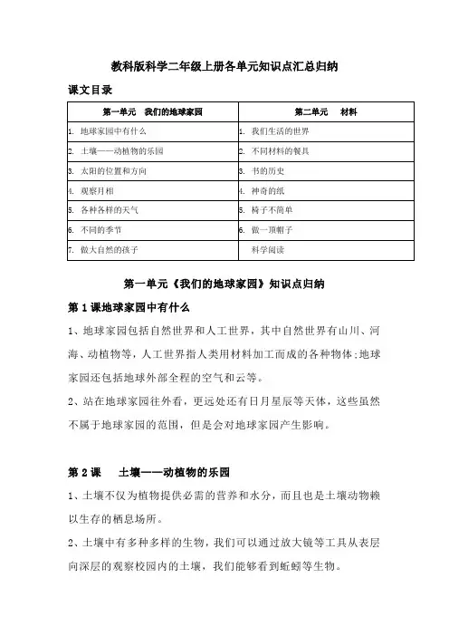 教科版新版小学二年级上册科学各单元知识点汇总归纳(附期中+期末练习)带目录