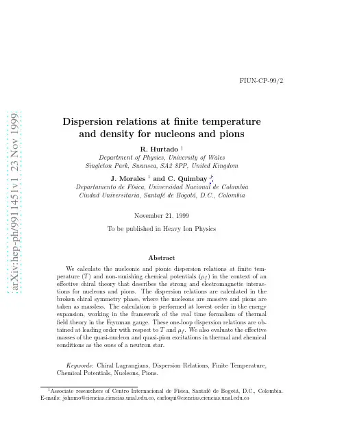 Dispersion relations at finite temperature and density for nucleons and pions