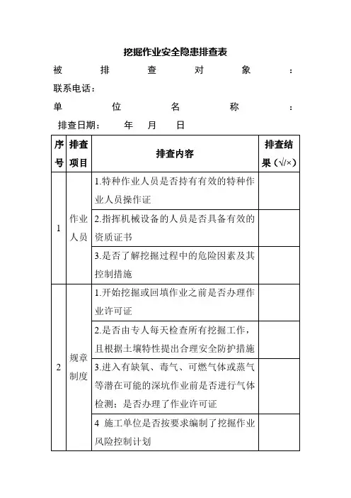 挖掘作业安全隐患排查表