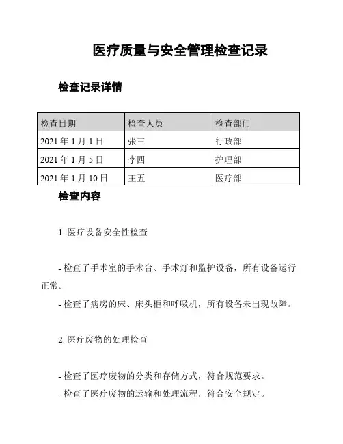 医疗质量与安全管理检查记录