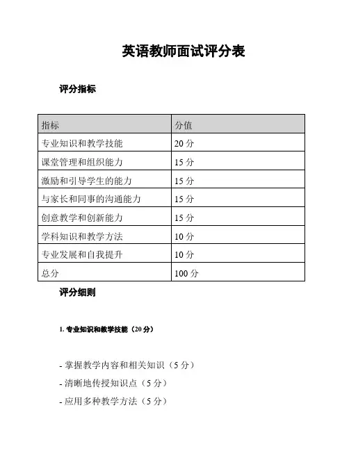 英语教师面试评分表