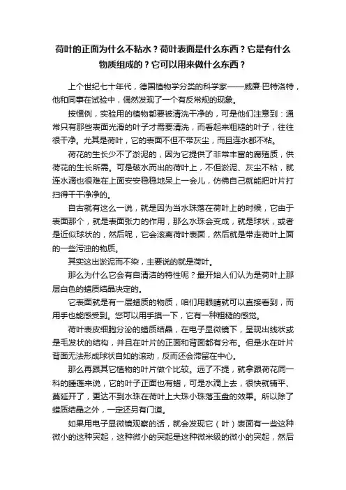 荷叶的正面为什么不粘水？荷叶表面是什么东西？它是有什么物质组成的？它可以用来做什么东西？