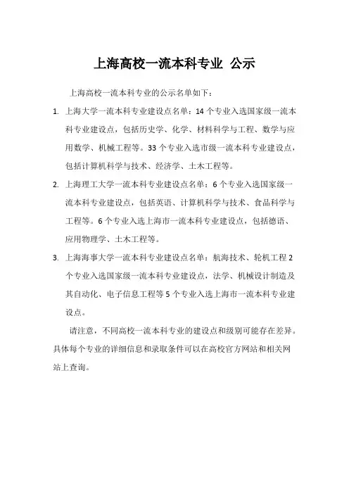 上海高校一流本科专业 公示