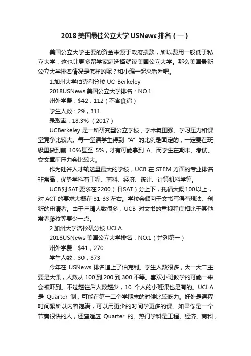 2018美国最佳公立大学USNews排名（一）