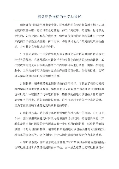 绩效评价指标的定义与描述