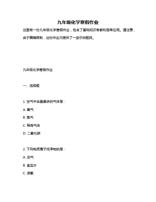 九年级化学寒假作业