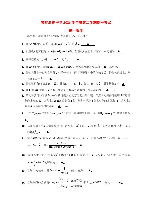 江苏省启东中学2020学年高一数学下学期期中试题