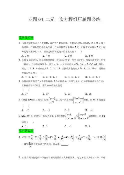 二元一次方程组压轴题必练七年级数学下学期期中期末满分必刷常考压轴题人教版