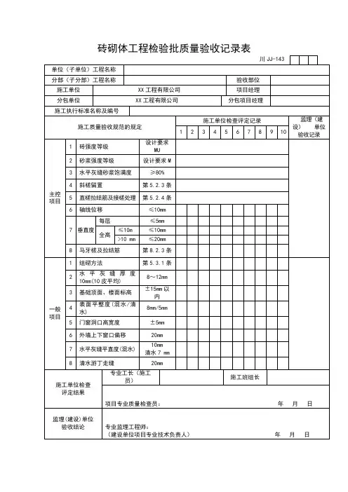 砖砌体工程检验批质量验收记录表