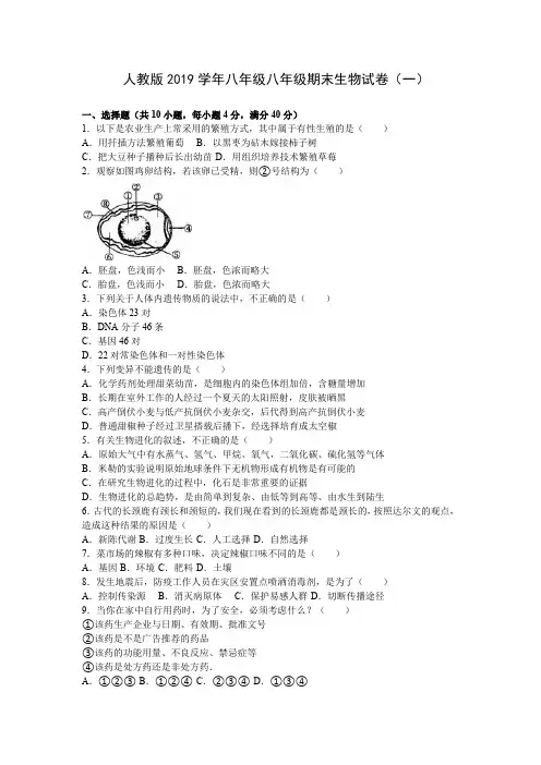 人教版2019学年八年级下册生物期末试卷及其答案(共8套)