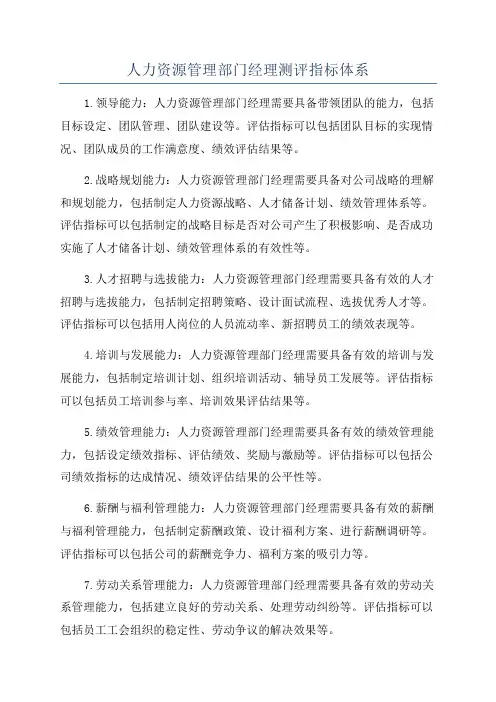 人力资源管理部门经理测评指标体系