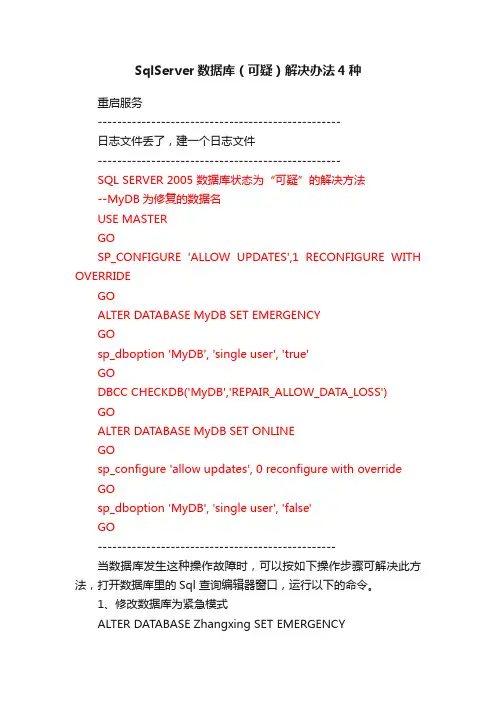 SqlServer数据库（可疑）解决办法4种