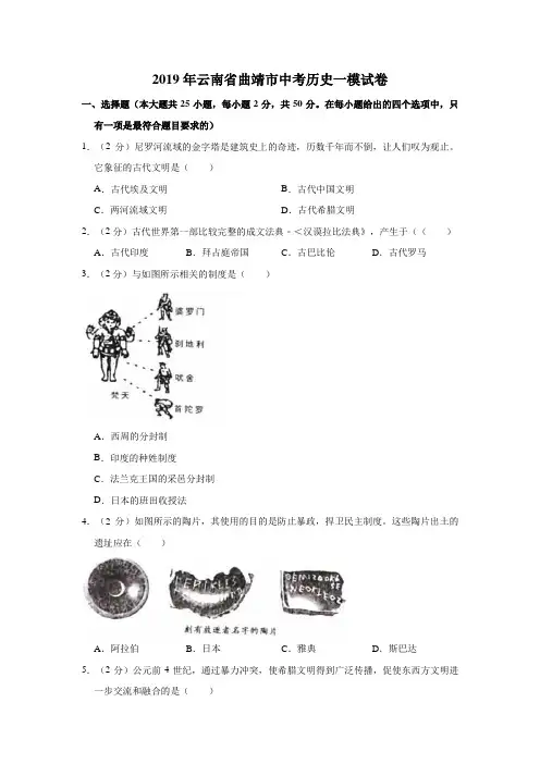 2019年云南省曲靖市中考历史一模试卷(解析版)