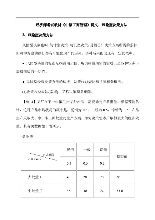 经济师考试教材《中工商管理》讲义：风险型决策方法