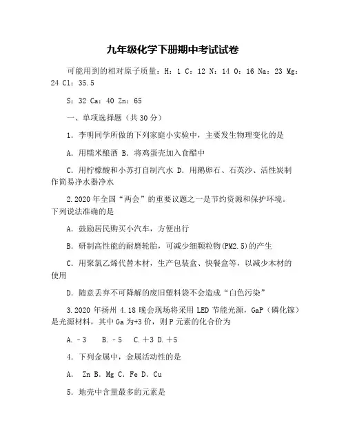 九年级化学下册期中考试试卷