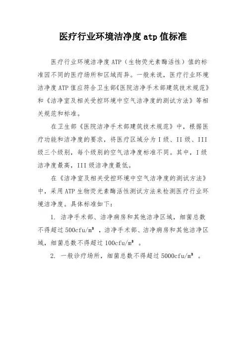 医疗行业环境洁净度atp值标准