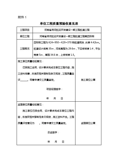 单位工程质量预验收意见表