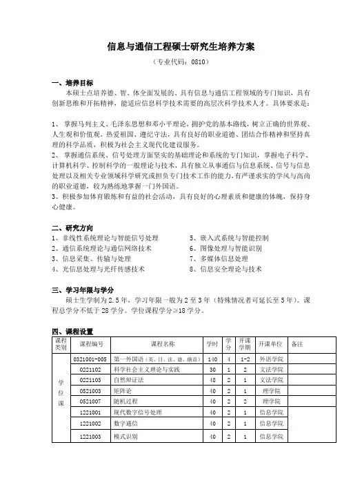 武汉理工大学信息与通信工程硕士研究生培养方案