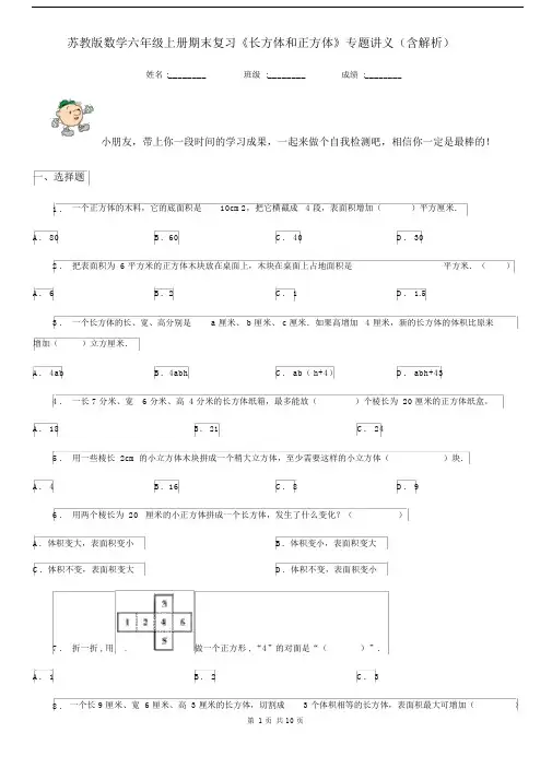 苏教版数学六年级上册期末复习《长方体和正方体》专题讲义(含解析).docx