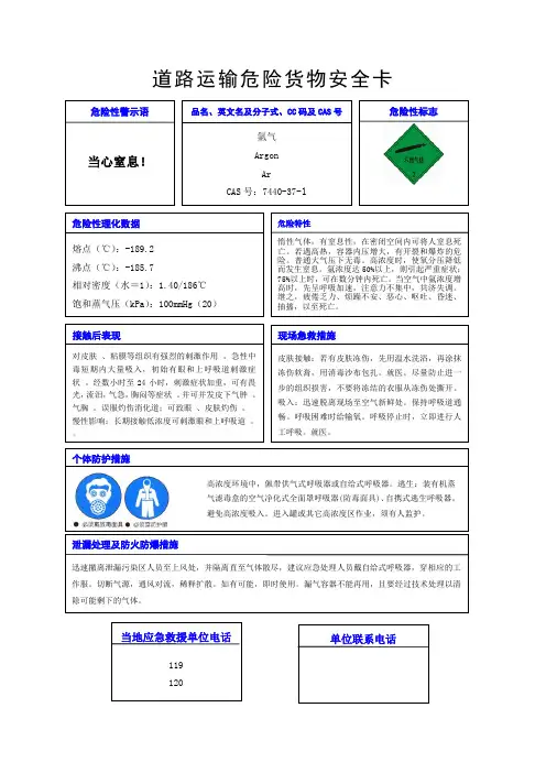 氩气安全周知卡