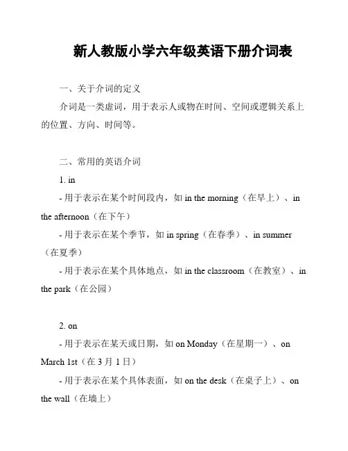 新人教版小学六年级英语下册介词表
