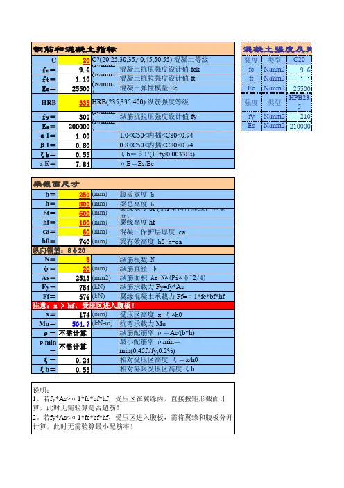 excel计算大全-房建-%承载力计算-抗弯-T形截面-单筋
