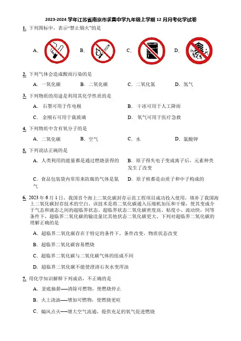 2023-2024学年江苏省南京市求真中学九年级上学期12月月考化学试卷