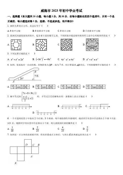 2023年山东省威海市(初三学业水平考试)数学中考真题试卷含详解