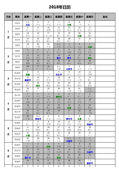2018年周历