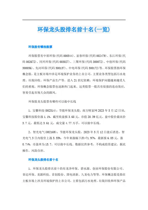 环保龙头股排名前十名(一览)