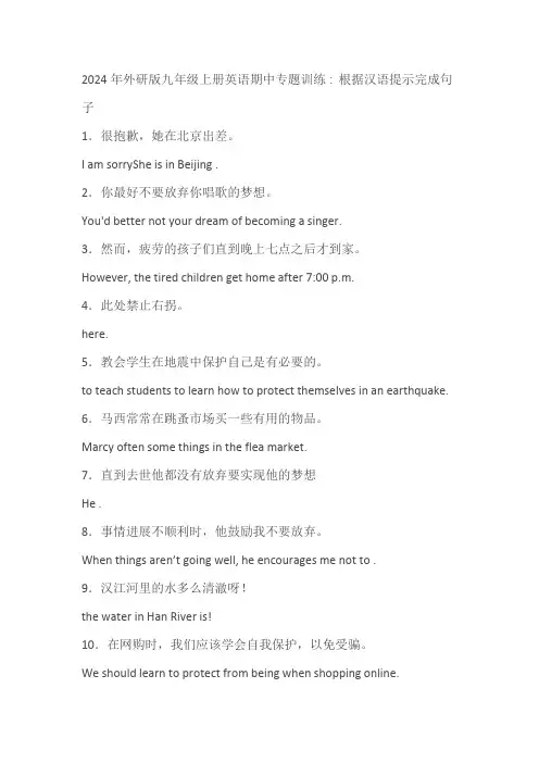 2024年外研版九年级上册英语期中专题训练∶根据汉语提示完成句子(含解析)