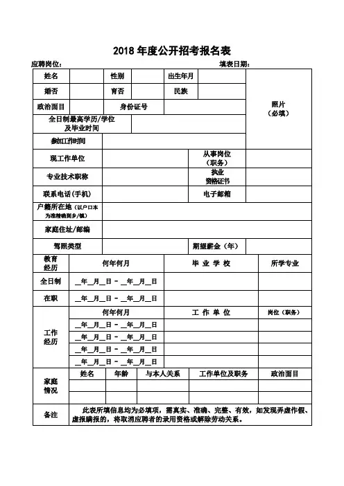 2018年度公开招考报名表