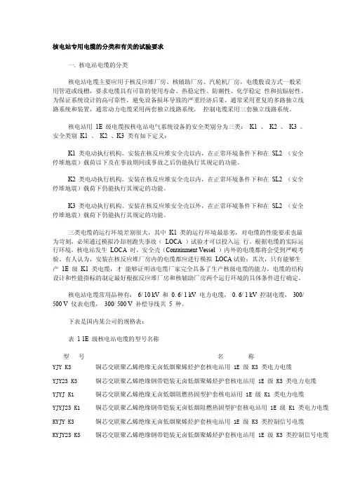 核电站专用电缆的分类和有关的试验要求