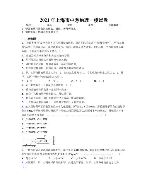 2021年上海市中考物理一模试卷附解析