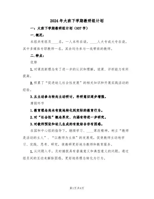 2024年大班下学期教研组计划(二篇)