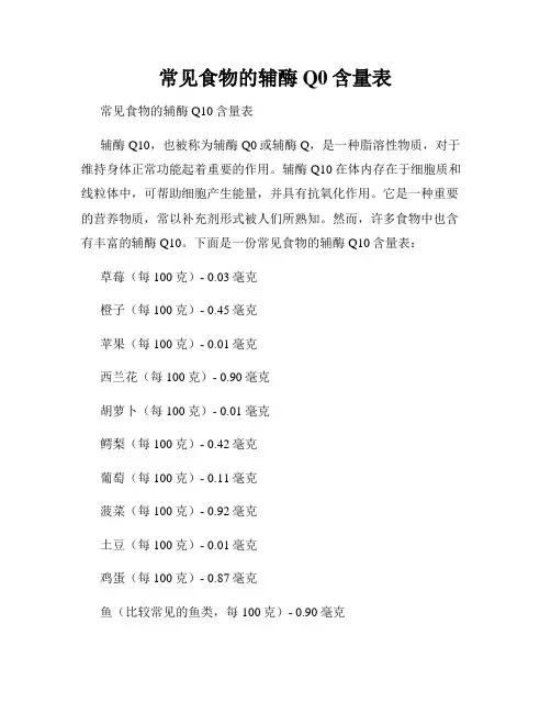 常见食物的辅酶Q0含量表