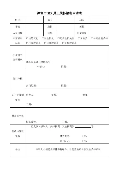 员工关怀福利申请表