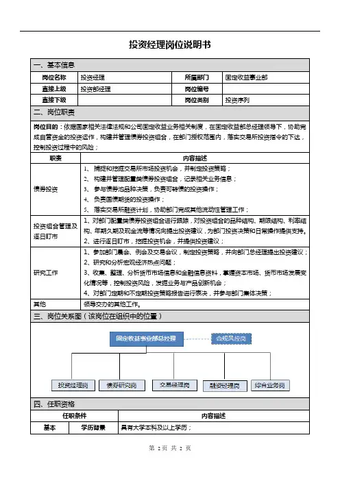 投资经理证券公司岗位说明书